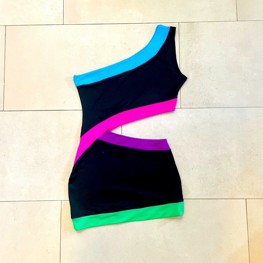 NEW Cutout One Shoulder Block Color 80’s Inspired Halloween Costume Mini Dress